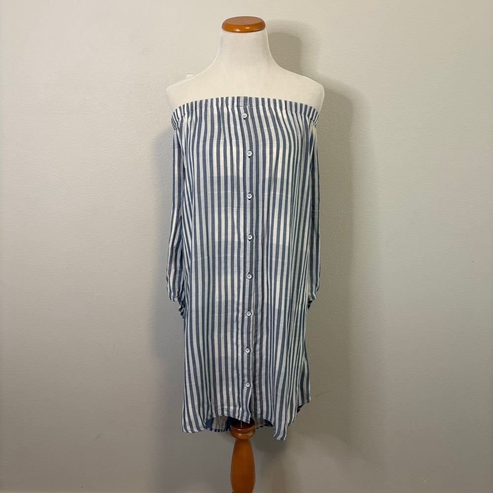 Anthropologie Cloth & Stone Striped Off Shoulder Tunic Shirt Dress Spring Large - Picture 2 of 8